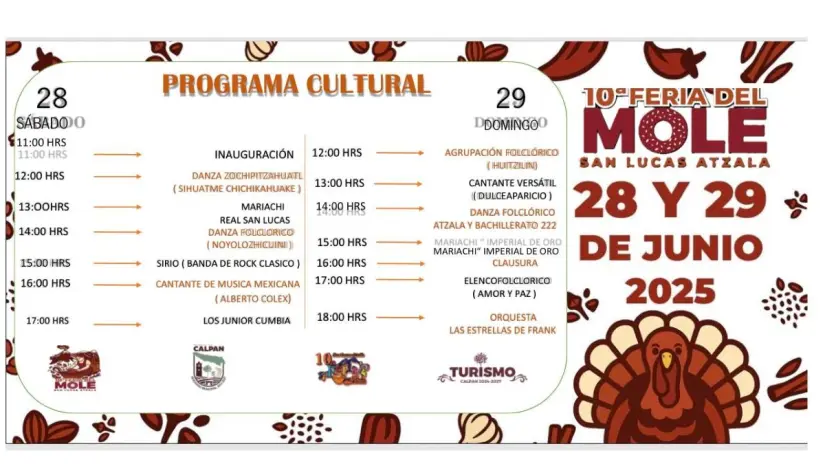 Actividades y horarios de la Feria del Mole en San Lucas Atzala Actividades y horarios de la Feria del Mole en San Lucas Atzala. Foto: Cortesía