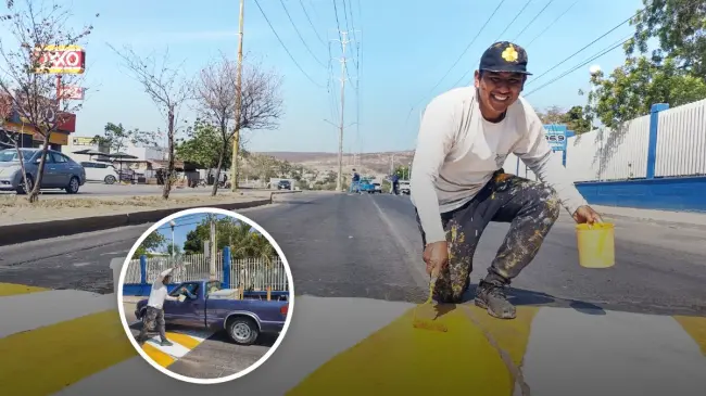 Cada tope pintado es una muestra del trabajo invisible que sostiene a la ciudad. Con recursos propios y mucha voluntad, Ángel y sus hermanos ayudan a salvar vidas, un brochazo a la vez. Foto: Juan Madrigal