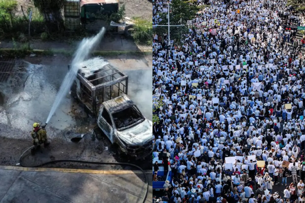 Foto:  Sinaloa, una tierra de contrastes. Izquierda: Bombero apagando camioneta incendiada. Derecha: Marcha ciudadana por la Paz en Sinaloa. Cortesía.