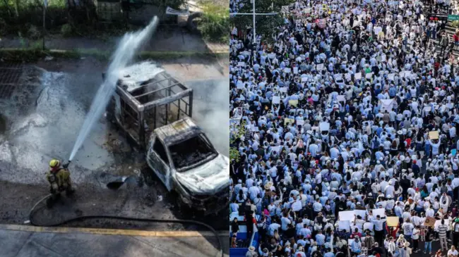 Foto: Sinaloa, una tierra de contrastes. Izquierda: Bombero apagando camioneta incendiada. Derecha: Marcha ciudadana por la Paz en Sinaloa. Cortesía.