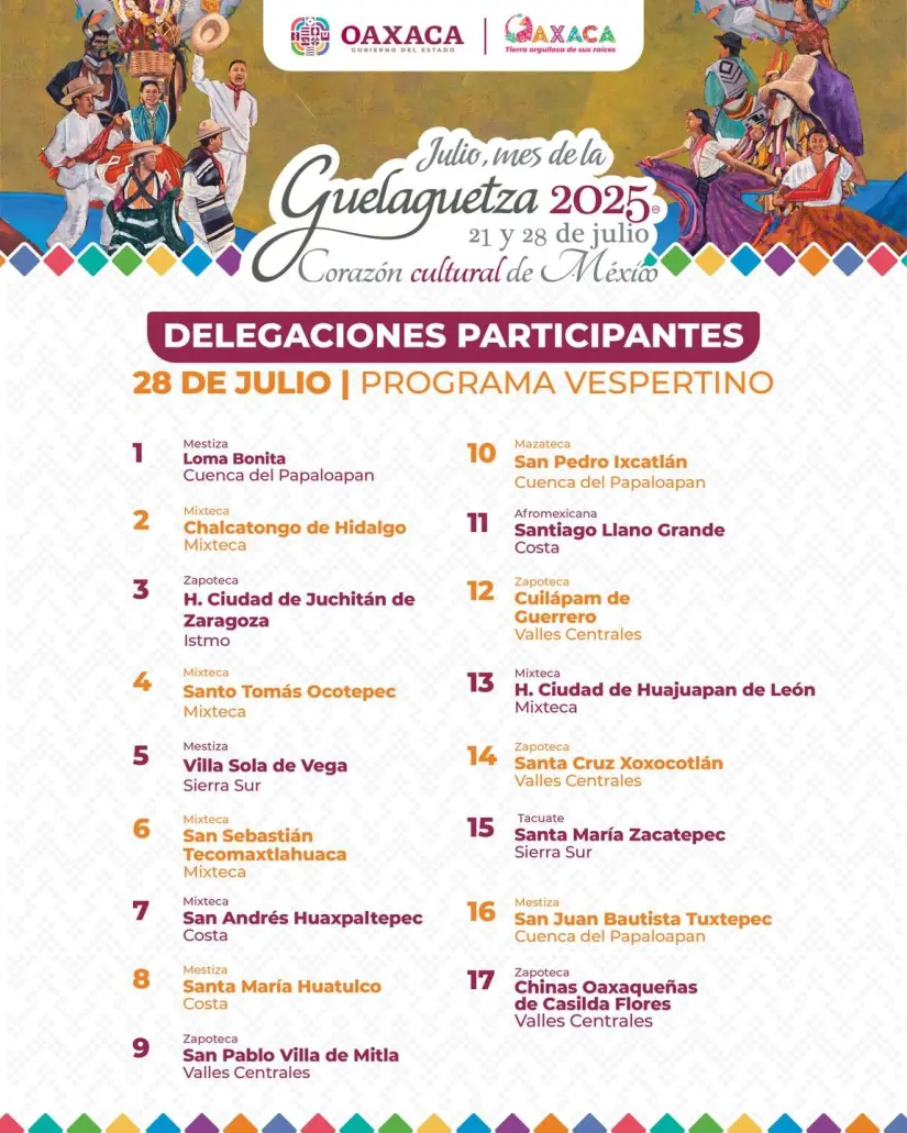 Participantes del programa vespertino de la Guelaguetza 2025. Foto: Cortesía. 