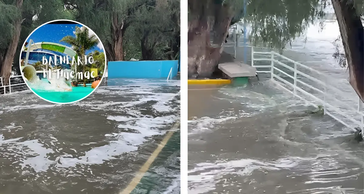 Se inunda el balneario El Huémac en Tezontepec, al desbordarse el río Tula que se encuentra por un lado del inmueble, lo que provoca suspención de actividades.Foto: Cortesía.