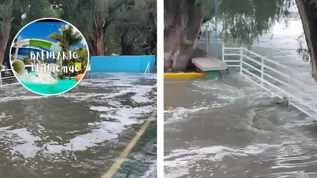 Se inunda el balneario El Huémac en Tezontepec, al desbordarse el río Tula que se encuentra por un lado del inmueble, lo que provoca suspención de actividades.Foto: Cortesía.