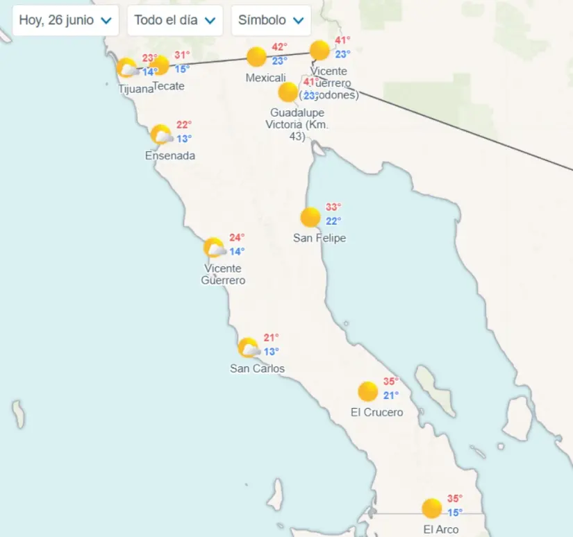 Pronóstico del clima en Baja California hoy jueves 26 de junio Temperaturas estimadas en los municipios de Baja California hoy. Imagen: Meteored