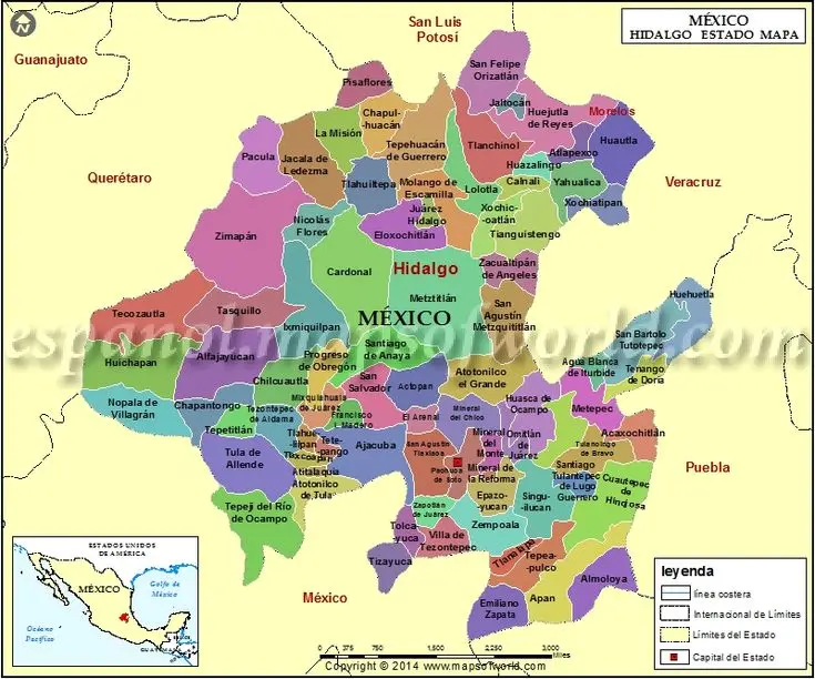 imagen recuadro Mapa de los municipios del estado de Hidalgo Foto: mapsofworld