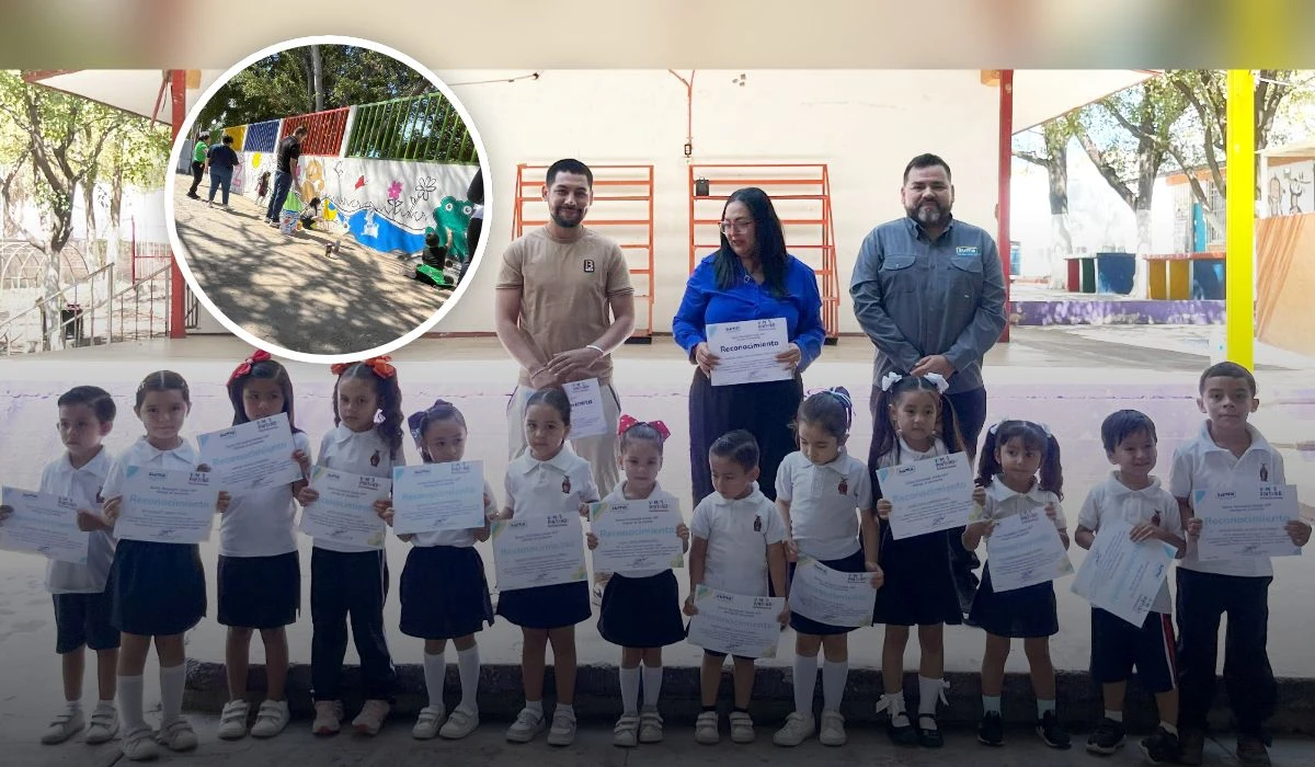 Con colores, ternura y esperanza, niñas y niños del Jardín de Niños Dora Ayala Castro plasman en un mural el poder de la infancia para construir un mundo en paz, gracias al apoyo de Vamos Pintando y Suma Sociedad Unidad IAP. Foto: Cortesía / SUMA.