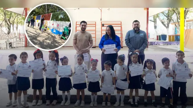 Con colores, ternura y esperanza, niñas y niños del Jardín de Niños Dora Ayala Castro plasman en un mural el poder de la infancia para construir un mundo en paz, gracias al apoyo de Vamos Pintando y Suma Sociedad Unidad IAP. Foto: Cortesía / SUMA.