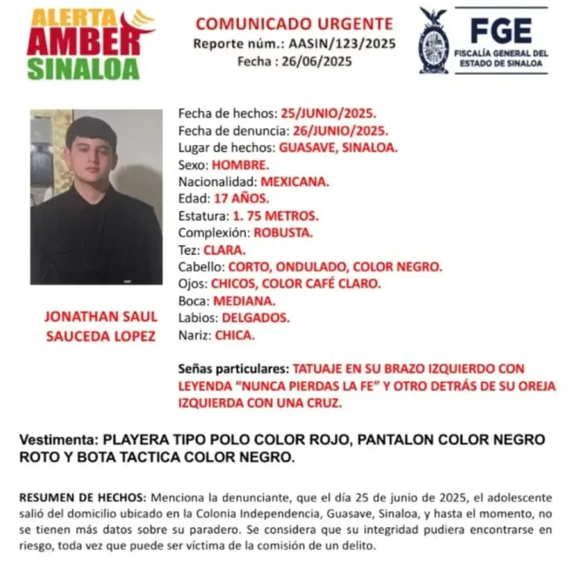 Jonathan Saúl Sauceda López, el joven de 17 años se encuentra desaparecido. Foto: cortesía Jonathan Saúl Sauceda López, el joven de 17 años se encuentra desaparecido. Foto: cortesía.
