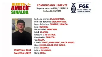 Alerta Amber en Sinaloa: Buscan a Jonathan Sauceda, joven de 17 años desaparecido en Guasave