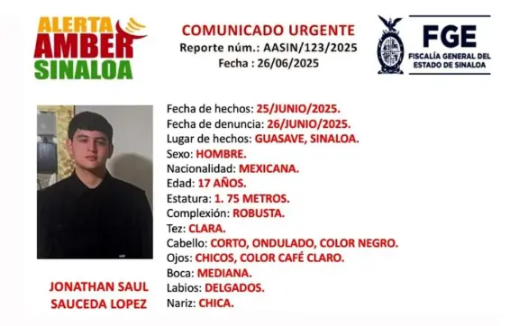 Alerta Amber en Sinaloa: Buscan a Jonathan Sauceda, joven de 17 años desaparecido en Guasave