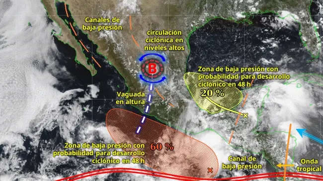 El posible ciclón tropical Flossie se desplaza sobre las costas de Oaxaca. Imagen: Conagua