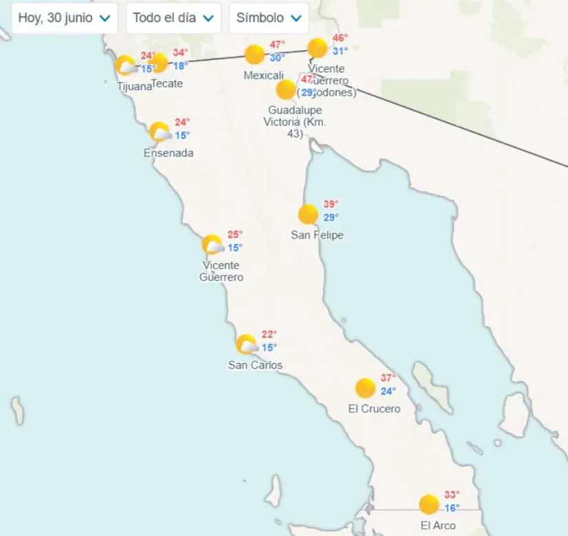 Clima en Baja California hoy lunes 30 de junio Temperaturas mínimas y máximas en los municipios de Baja California hoy. Imagen: Meteored