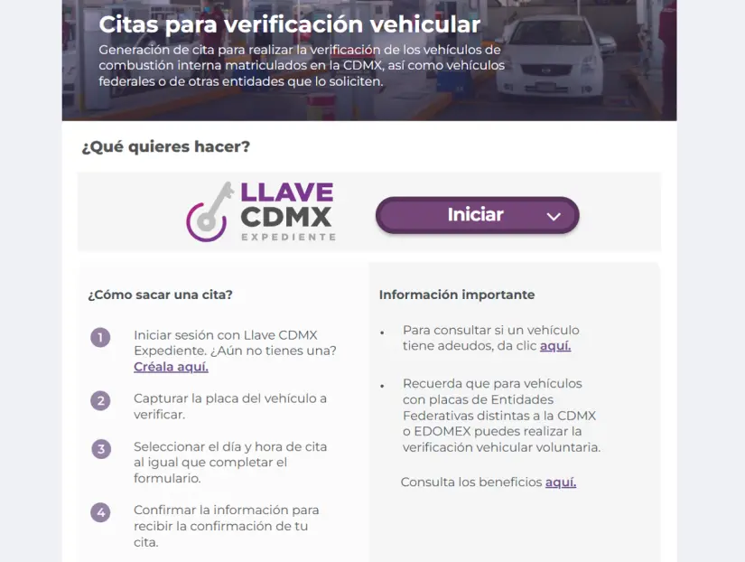 Portal disponible para la realización de tu cita para la verificación vehicular. Foto: Cortesía.