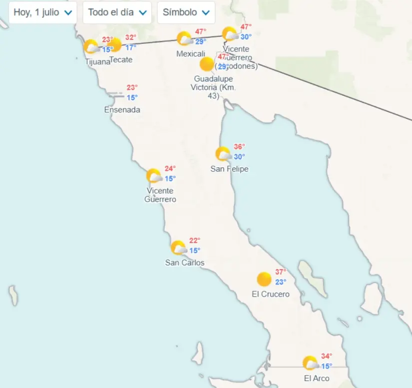 Clima en Baja California hoy martes 1 de julio Temperaturas mínimas y máximas en los municipios de Baja California. Imagen: Meteored