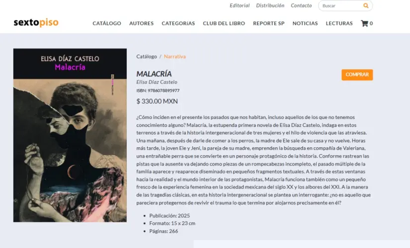 Elisa Díaz Castelo lanza su primera novela: Puedes encontrar 'Malacría' en la tienda en línea de Sexto Piso, así como en muchas otras librerías. Imagen: sextopiso.mx