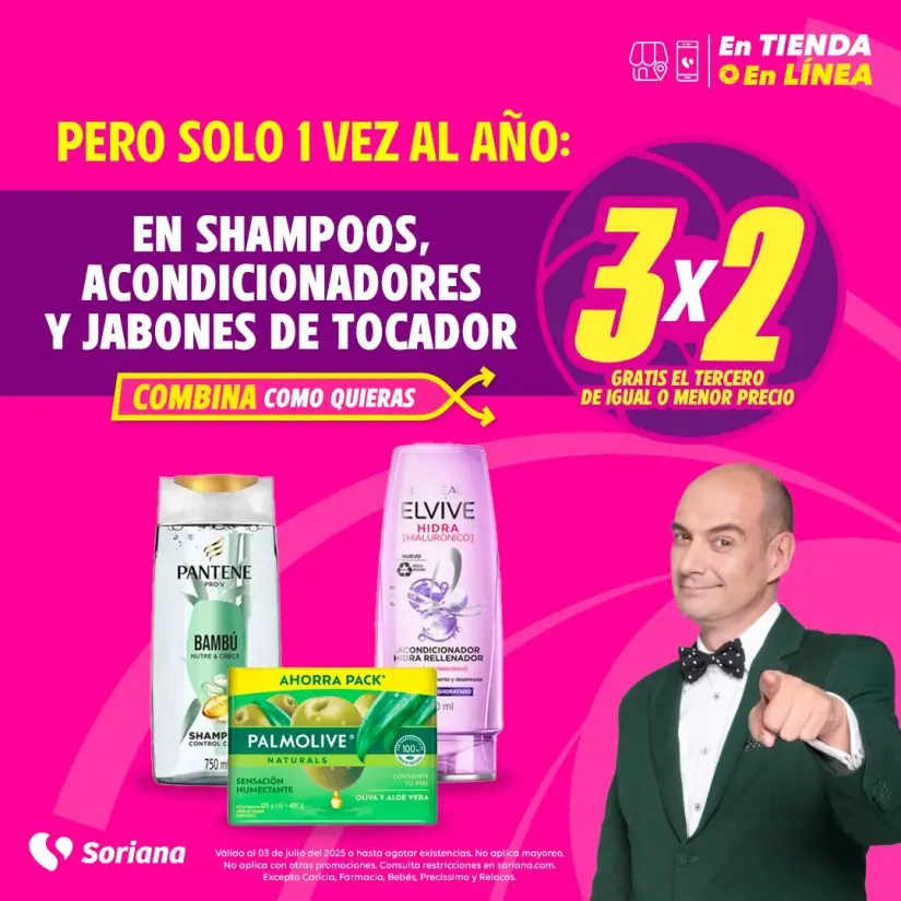 Todos los shampoos, acondicionadores y jabones de tocador están al 3 por 2. Imagen: Soriana