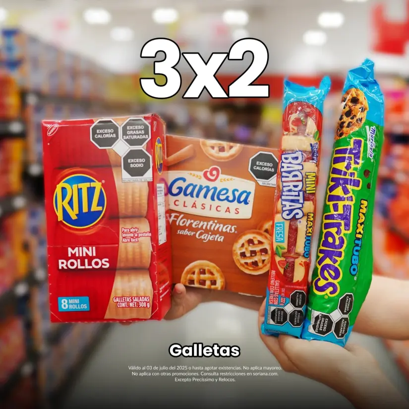 Todas las galletas se encuentran al 3 por 2 en Julio Regalado. Imagen: Soriana
