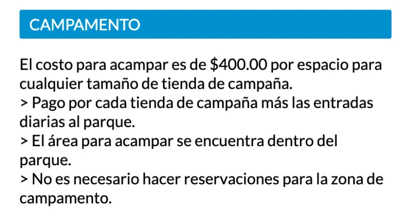 Este es el precio para acampar en El Tephé en Hidalgo. Foto: captura de pantalla.
