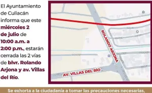 SSyTM anuncia cierre temporal del cruce Rolando Arjona y Villas del Río este miércoles en Culiacán