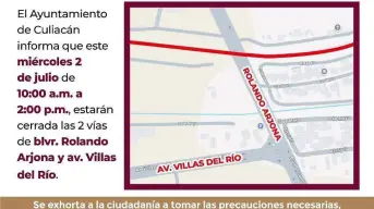 SSyTM anuncia cierre temporal del cruce Rolando Arjona y Villas del Río este miércoles en Culiacán