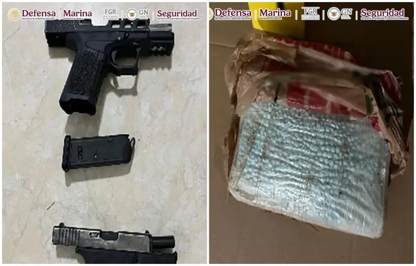 Aseguran mil pastillas de fentanilo y detienen a seis personas en Baja California También fueron aseguradas dos armas cortas y mil pastillas de fentanilo. Fotos: SSPC