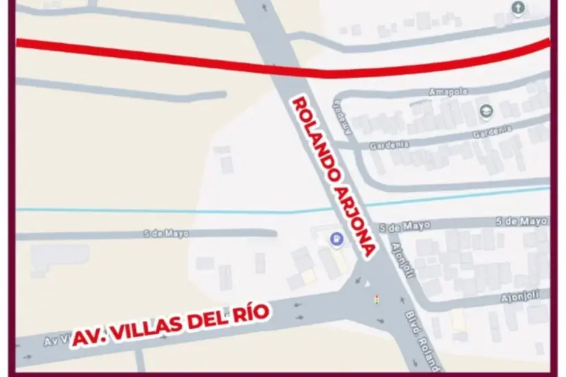 Cruce Rolando Arjona y Villas del Río cerradas temporalmente por obras de Ferromex. Foto: Cortesía.