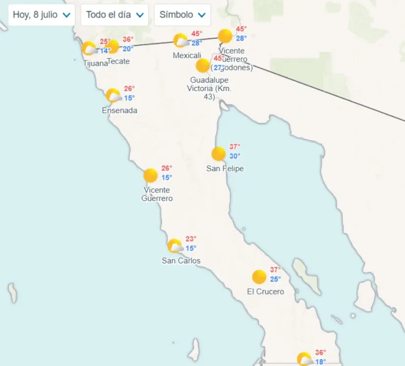 Temperaturas mínimas y máximas por municipios en Baja California. Imagen: Meteored