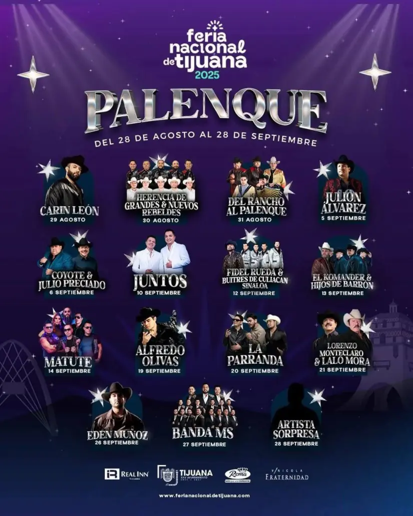 Cartelera de artistas que se presentarán en la Feria Nacional de Tijuana 2025. Foto: Cortesía. Cartelera de artistas que se presentarán en la Feria Nacional de Tijuana 2025. Foto: Cortesía.