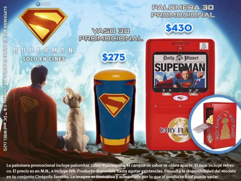Precio de la palomera de Superman 2025 en Cinépolis Precio de la palomera de Superman 2025 y el vaso en Cinépolis. Foto: Coleccionando