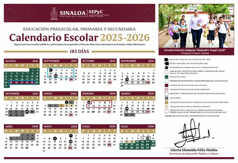 Así quedó el calendario escolar 2025-2026 de Sinaloa. Foto: Cortesía