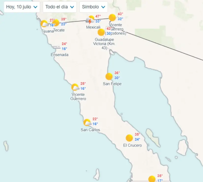 Temperaturas mínimas y máximas en Baja California. Imagen: Meteored