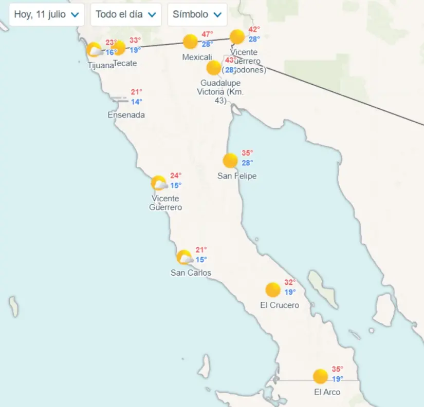 Temperaturas mínimas y máximas en Baja California hoy. Imagen: Meteored