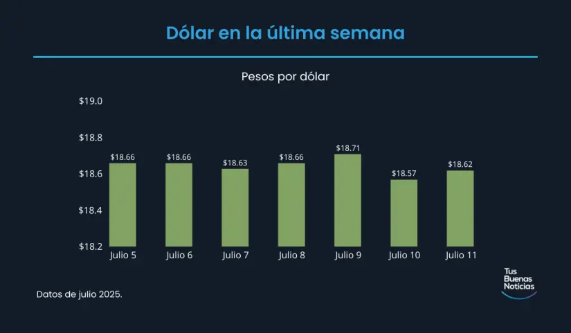 Precio del dólar hoy 11 de julio de 2025 Precio del dólar en la última semana de acuerdo al DOF. Foto: TBN