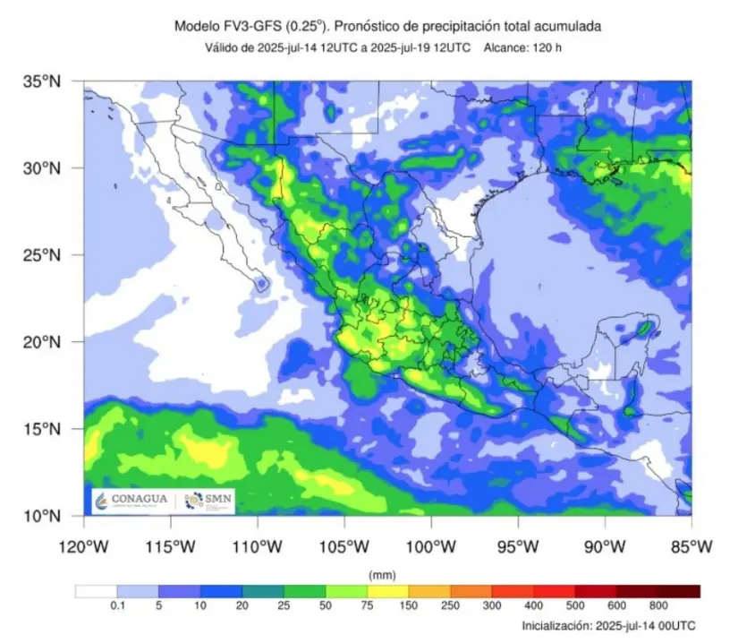 Monzón mexicano causará lluvias en Sonora, Sinaloa y Durango esta semana Varios estados del noroeste del país esperan lluvias toda la semana por el monzón mexicano. Imagen: Conagua