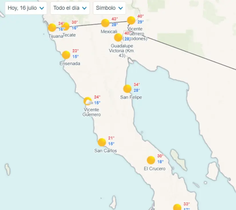 Temperaturas mínimas y máximas en los municipios de Baja California. Imagen: Meteored