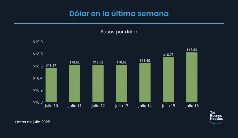 Precio del dólar hoy 16 de julio de 2025 Precio del dólar en la última semana de acuerdo al DOF. Foto: TBN