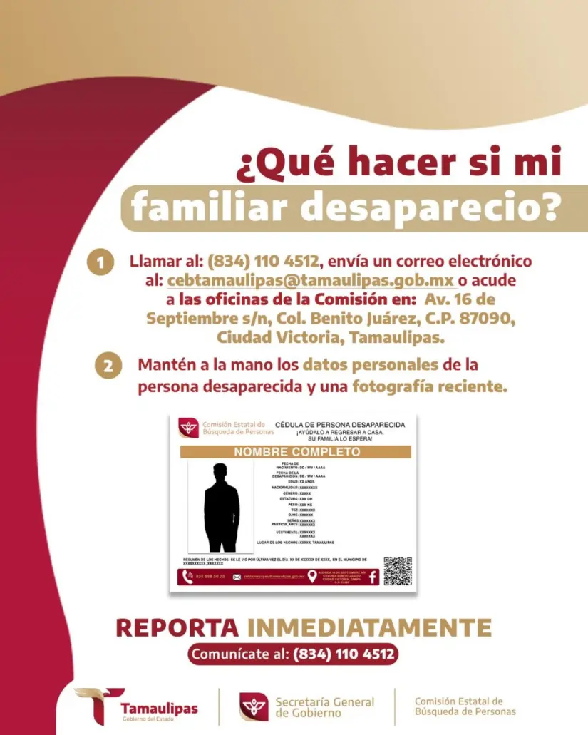 ¿Qué hacer si desaparece un familiar en Tamaulipas? Esto es lo que debes hacer si desaparece una persona cercana en Tamaulipas. Imagen: CEB