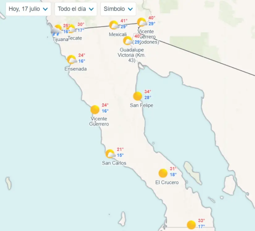 Clima en Baja California hoy jueves 17 de julio de 2025 Temperaturas mínimas y máximas en los municipios de Baja California hoy. Imagen: Meteored