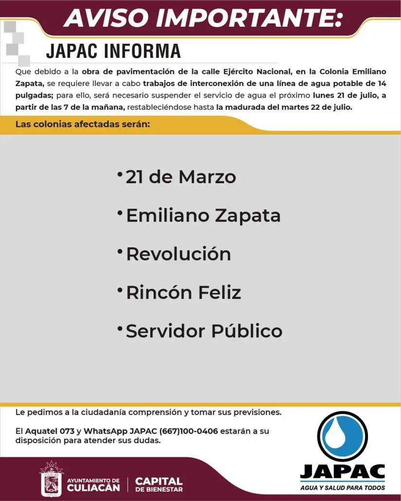 JAPAC anuncia corte de agua en cinco colonias de Culiacán este lunes Comunicado oficial. Foto: JAPAC
