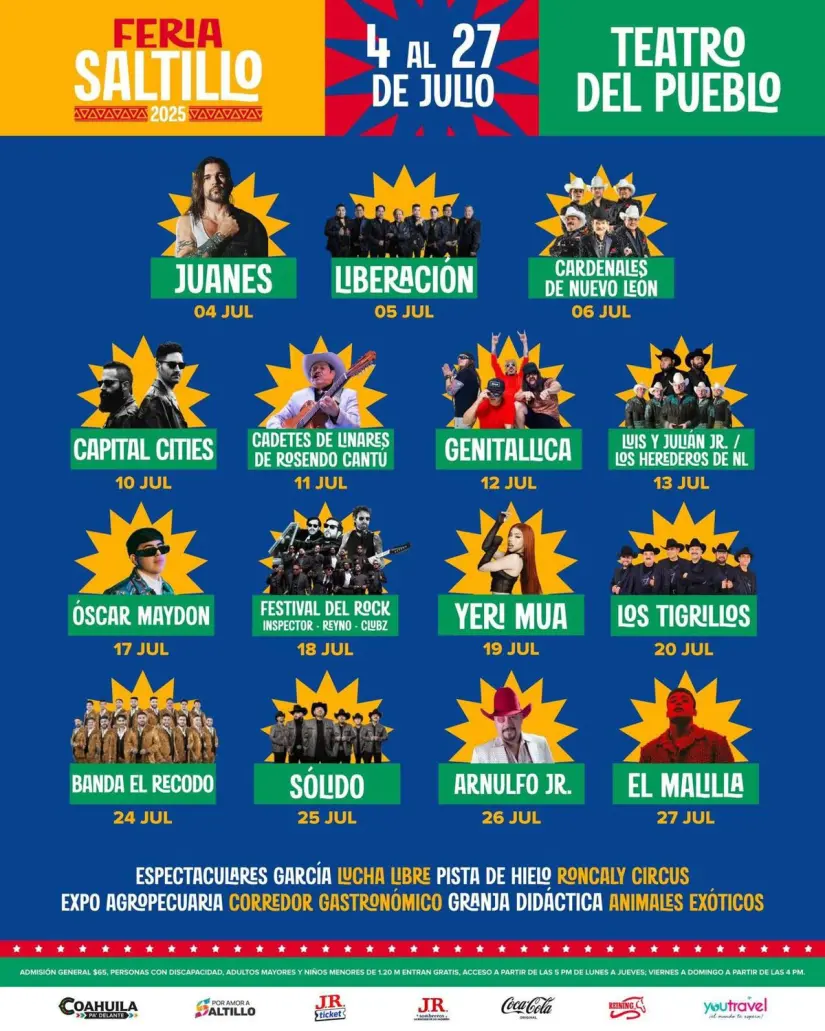 Cartelera de artistas que se presentarán en el Teatro del Pueblo en la Feria Saltillo 2025. Foto: Cortesía. Cartelera de artistas que se presentarán en el Teatro del Pueblo en la Feria Saltillo 2025. Foto: Cortesía.