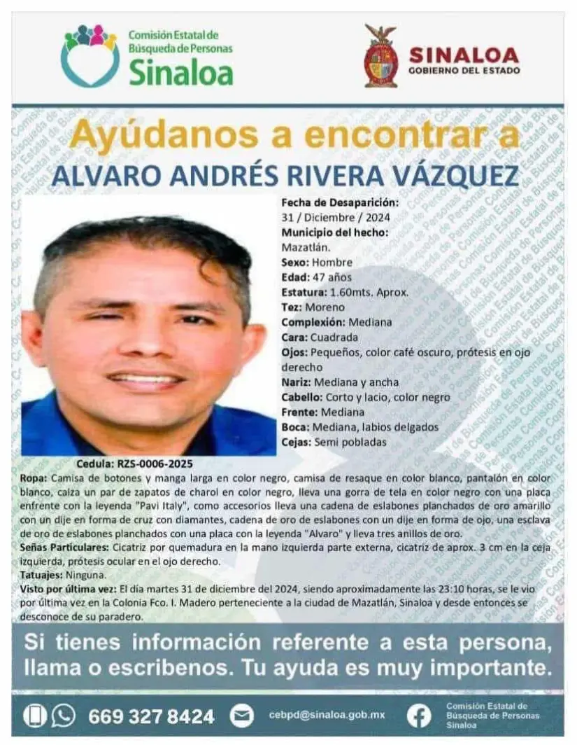 Se solicita ayuda para encontrar a Álvaro Andrés Ficha de búsqueda de Álvaro Andrés. Foto: Comisión Estatal de Búsqueda de Personas Sinaloa