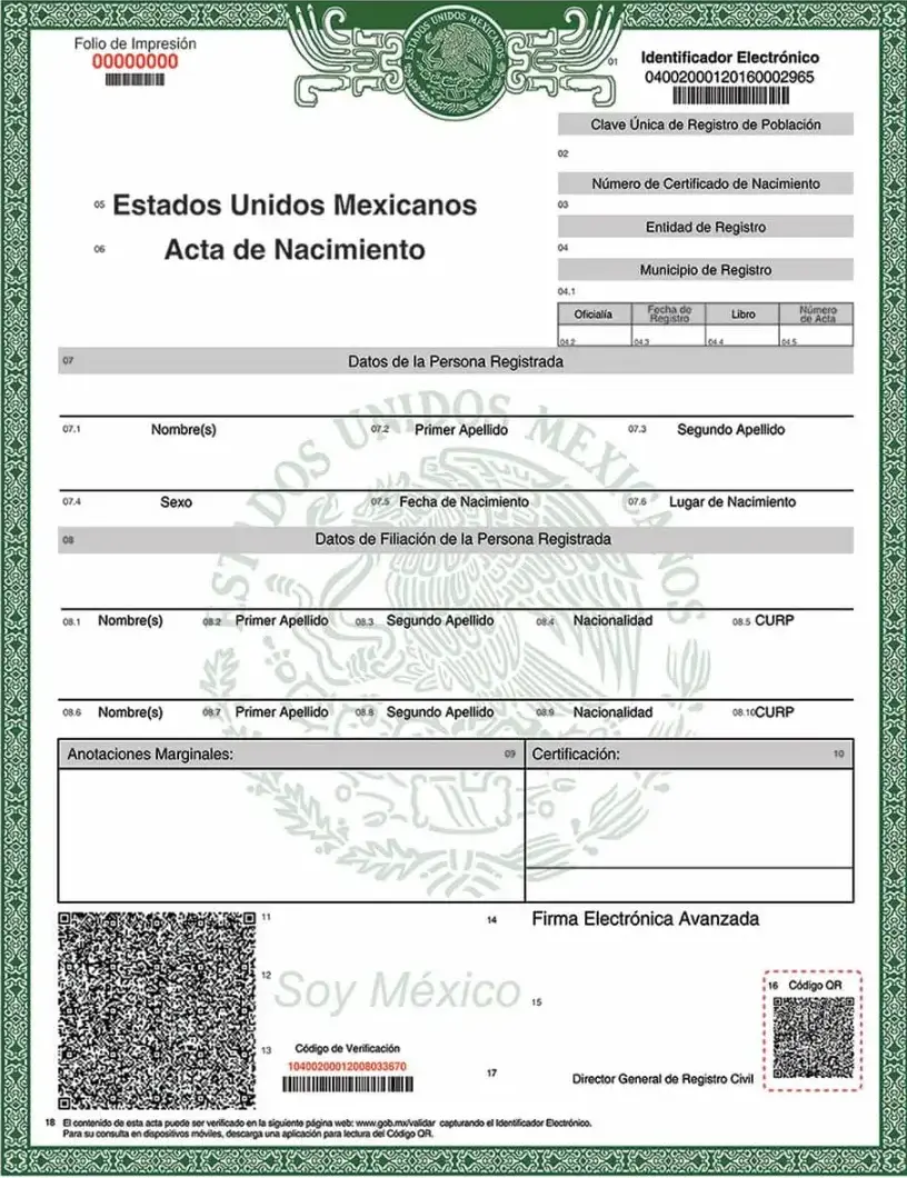 Formato del acta de nacimiento. Foto: cortesía.
