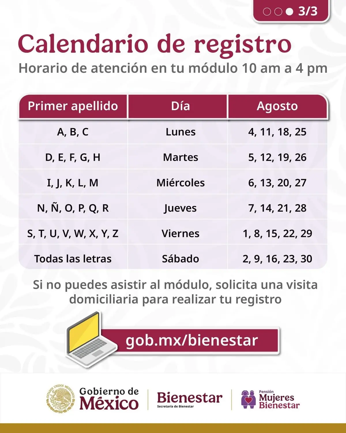 Calendario de registro de la Pensión Mujeres Bienestar. Foto: Cortesía. Calendario de registro de la Pensión Mujeres Bienestar. Foto: Cortesía.