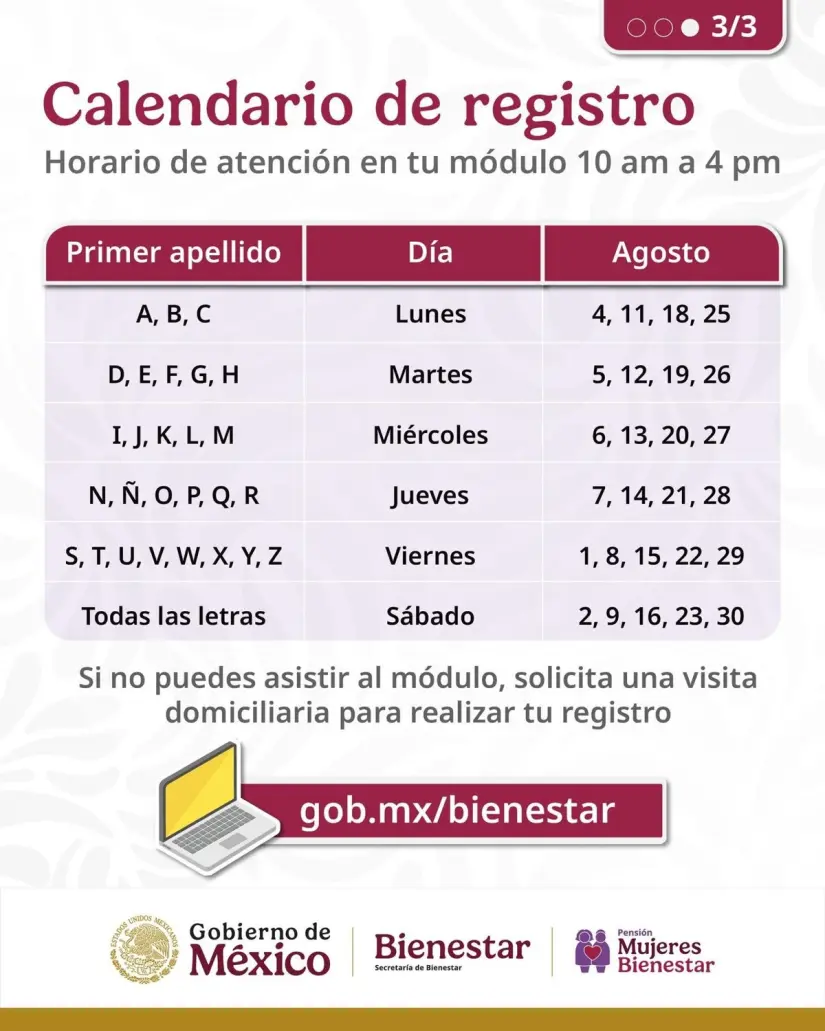 Calendario de registro de la Pensión Mujeres Bienestar. Foto: Cortesía. 