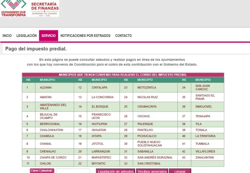 Este es el portal donde puedes pagar el predial en línea en Chiapas. Imagen: Captura de pantalla