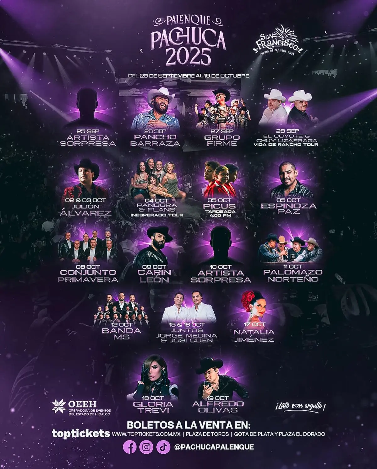 Estos son los artistas confirmados para el Palenque Pachuca 2025. Foto: Cortesía. Estos son los artistas confirmados para el Palenque Pachuca 2025. Foto: Cortesía.