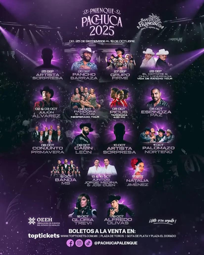 Estos son los artistas confirmados para el Palenque Pachuca 2025. Foto: Cortesía. Estos son los artistas confirmados para el Palenque Pachuca 2025. Foto: Cortesía.