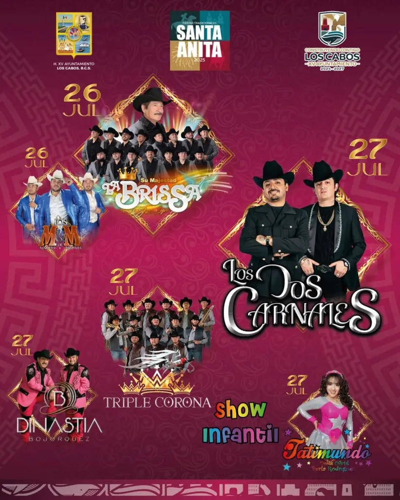 Cartelera de artistas en las Fiestas Tradicionales de Santa Anita, en Los Cabos. Foto: Cortesía