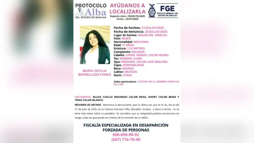 Cuatro mujeres jóvenes desaparecen en Mazatlán el pasado lunes 21 de julio Ficha de búsqueda de María Cecilia Berrelleza Flores. Foto: FGR