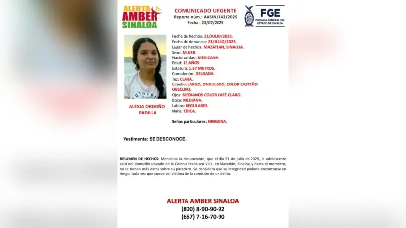Cuatro mujeres jóvenes desaparecen en Mazatlán el pasado lunes 21 de julio Ficha de búsqueda de Alexia Ordoño Padilla. Foto: FGR